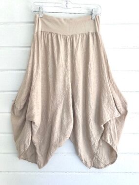 MEO MELI Made In Italy 100% Linen Cropped Harem Pants in Sand - S